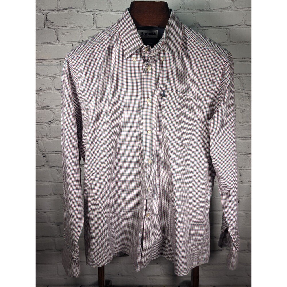 Barbour Mens Size XL Red & Blue Check Poplin Cotton Tailored Fit Shirt